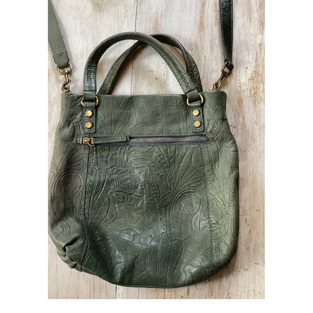 American Leather Co Embossed Floral Tote Shoulder Bag Green crossbody